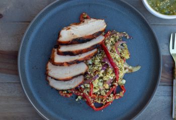 Grilled Ancho Chicken Breast over Green Cauliflower “Rice” with Roasted Tomatillo Salsa