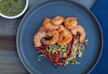 Chili Spiced Shrimp over Green Cauliflower “Rice” with Roasted Tomatillo Salsa