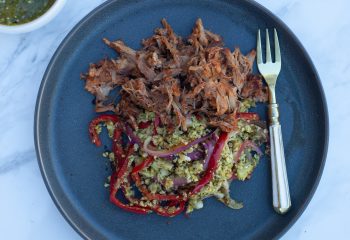 Spiced Pulled Pork over Green Cauliflower “Rice” with Roasted Tomatillo Salsa