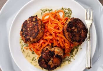 Smoked Salmon and Fennel Cakes with Dill Dressing and Carrot Noodles