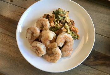 Herb Roasted Shrimp over Broccoli and Potato “Cheese” Casserole