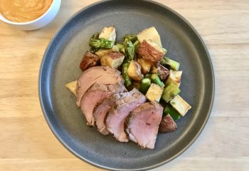 Seared Pork Tenderloin with Roasted Red Potatoes, Grilled Asparagus and Romesco Sauce