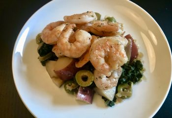 Herb Roasted Shrimp with Red Potatoes, Braised Kale, Lemon and Olives
