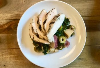 Herb Grilled Natural Chicken with Red Potatoes, Braised Kale, Lemon and Olives