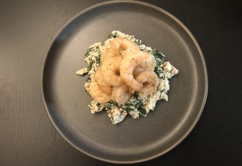 Herb Roasted Shrimp over Cauliflower “Risotto” with Sautéed Garlic Spinach and Mushrooms