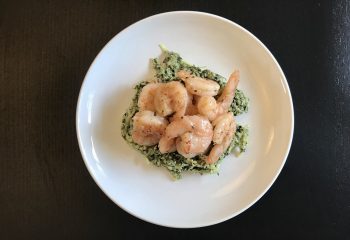 Herb Roasted Shrimp over Creamy Spaghetti Squash with Spinach, Basil, and Artichoke