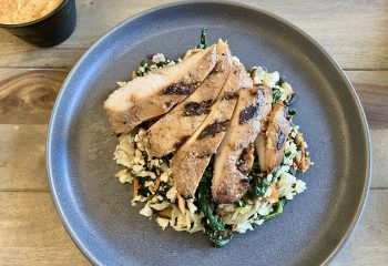 Grilled Ancho Chicken Breast with Sesame Vegetable & Cauliflower Bibimbap “Rice” Bowl with Chipotle Aioli