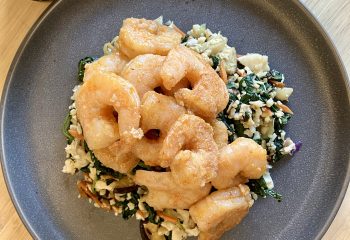 Korean Chili Spiced Shrimp with Sesame Vegetable & Cauliflower Bibimbap “Rice” Bowl with Chipotle