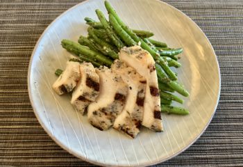 Herb Grilled Natural Chicken Breast with Sauteed Organic Green Beans & Basil Pesto and Toasted Almonds