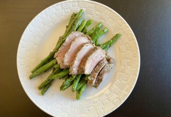 Seared Pork Tenderloin with Sauteed Organic Green Beans & Basil Pesto and Toasted Almonds