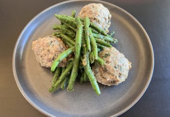 Red Bird Chicken and Pork Meatballs with Sauteed Organic Green Beans & Basil Pesto and Toasted Almonds