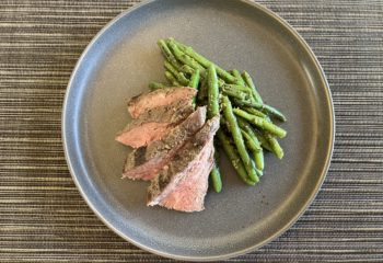 Grilled Natural Beef Tri Tip Steak with Sauteed Organic Green Beans & Basil Pesto and Toasted Almonds